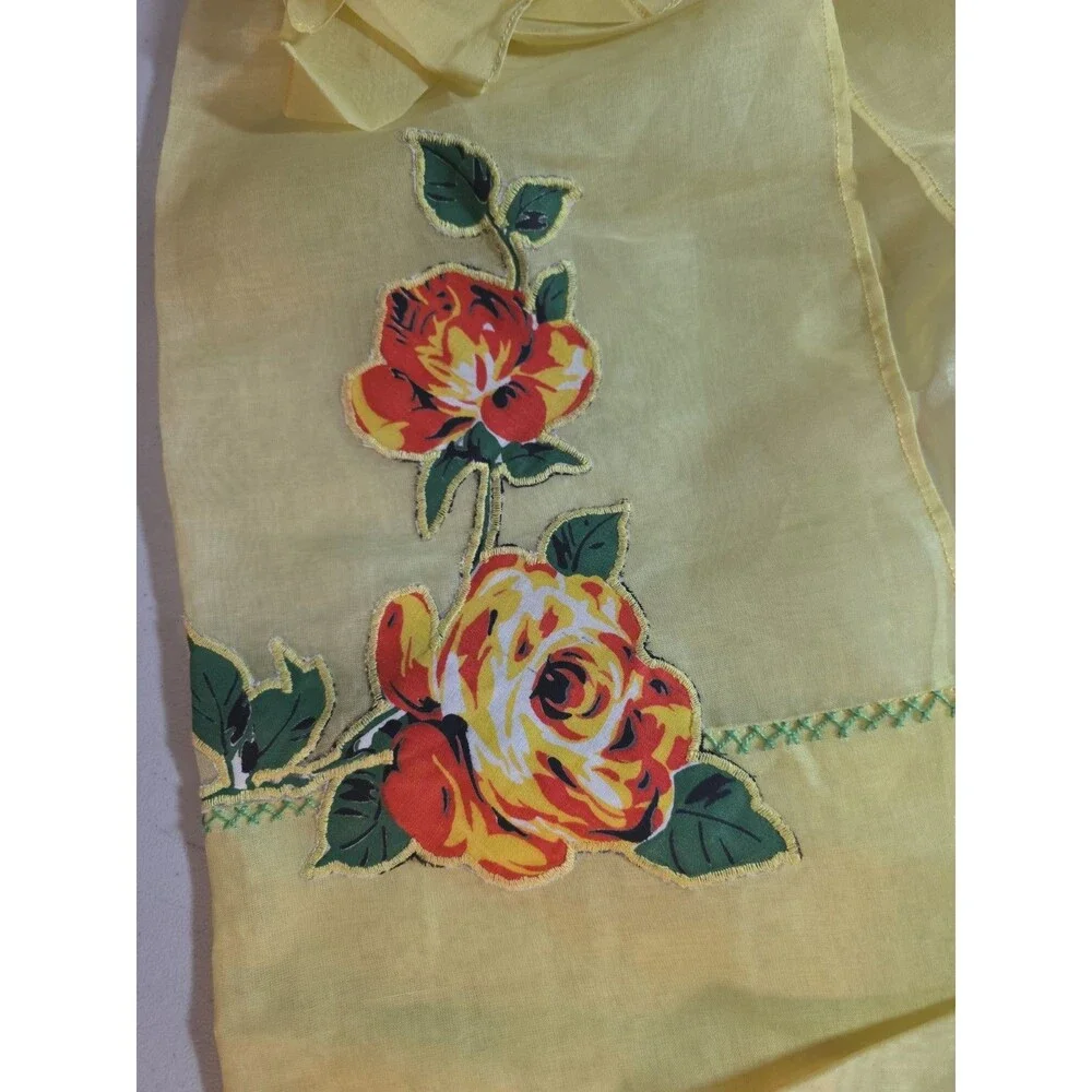 1950s Handmade Yellow Organza Apron Featuring Bold Orange Floral Appliqués